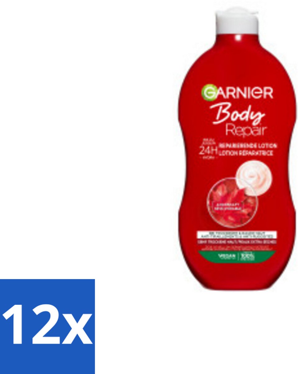 12 x Garnier - Body - Bodylotion - Repair - Herstellend & Hydraterend - 400 ml - Herstellende Bodylotion - Intensieve Hydratatie - Droge Huid - 24 Uur Hydratatie - Ahuornsap