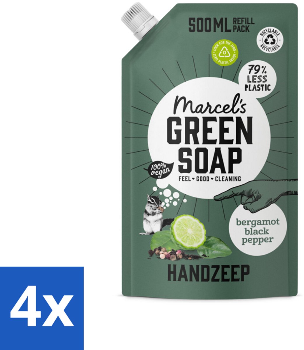 4 x Marcel's Green Soap - Handzeep - Bergamot & Black Pepper - Natuurlijke verzorging - 500 ml - Handzeep Navulling - Biologische Handzeep - Duurzame Handzeep - Bergamot Zeep - Zwarte Peper Zeep