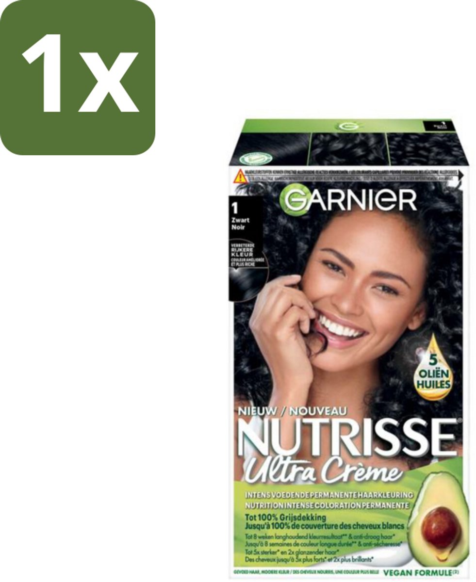 1 x Garnier - Nutrisse Ultra Crème 1 - Haarkleuring - Zwart - Intens Voedend - Permanente Kleur - Haarverf - Permanent Haarverf - Voedend Haarverf - Grijsdekking - Haarverf Zwart