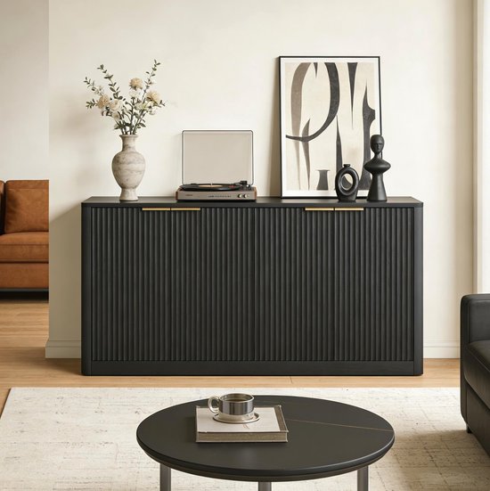 MEUNIQ dressoir 150 x 40 x 70,5 cm met 4 deuren en verborgen opbergruimte, sideboard kast voor woonkamer, eetkamer of hal, zwart
