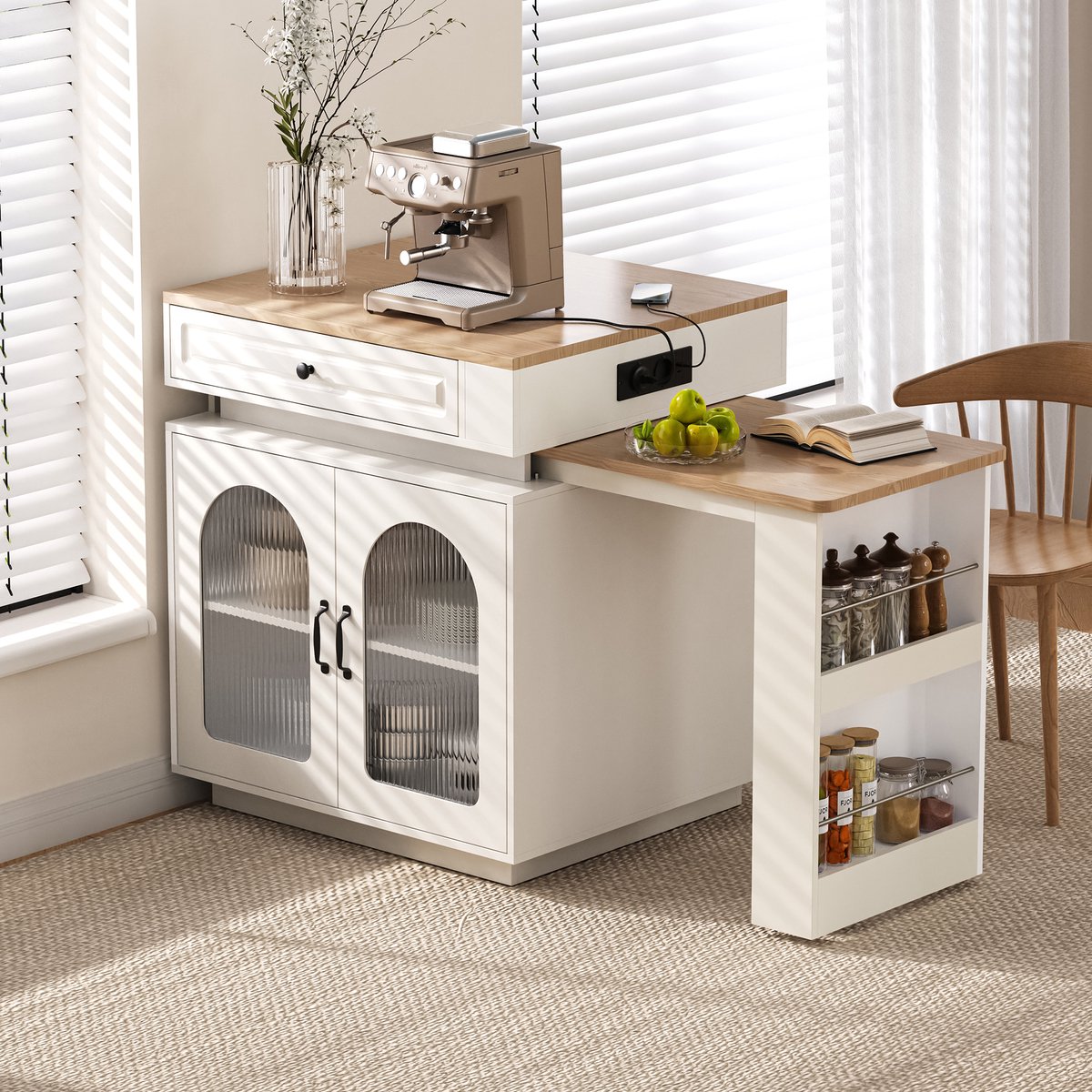 HAUSS SPOLE Eettafel - Uitschuifbaar Met Ledverlichting En Opbergruimte - Voor Keuken En Eetkamer - MDF En Glas - 128-200 x 71 x 92 Cm - Wit