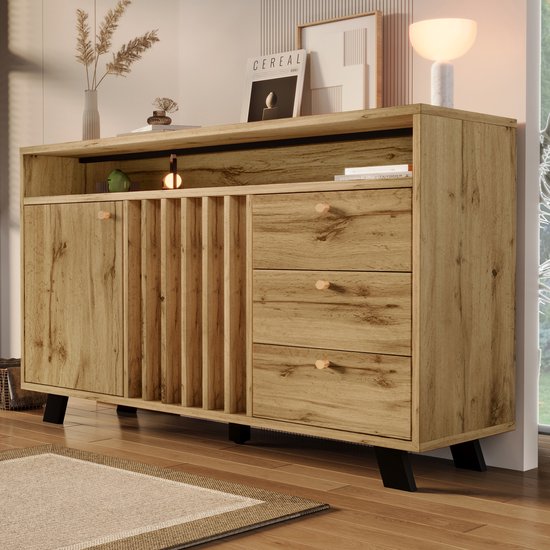 MEUNIQ dressoir 120 x 40 x 85 cm met 3 lades, 2 deuren, open vak en verstelbare plank, sideboard voor woonkamer, eetkamer of hal, donkere eik