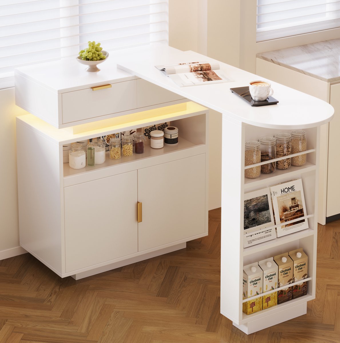 MEUNIQ Uitschuifbare bartafel 115-183 x 40 x 99,5 cm met opbergruimte, LED-verlichting, draaibaar werkblad, keukeneiland voor keuken en eetkamer, wit