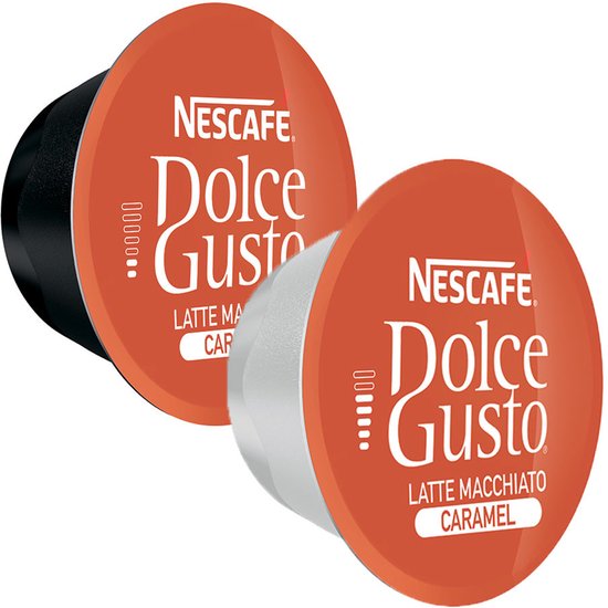 Twee Nescafé Dolce Gusto Latte Macchiato Caramel koffiecups in de kleur oranje.