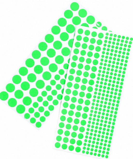 Twee vellen met groene cirkelstickers in verschillende maten op witte achtergrond.