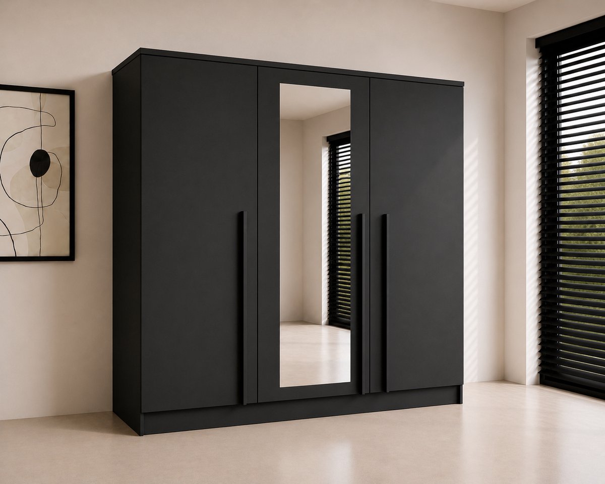 Pro-meubels - Kledingkast Istanbul - met Spiegel 150 x 52 x 200 cm – Zwart Mat – 3 Deuren - 2 Lades - Slaapkamer
