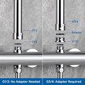 Twee afbeeldingen tonen hoe de aansluitingen van de thermostaatkraan passen met G1/2 of G3/4, met de tekst 'No Adapter Needed' en 'Adapter Required'.