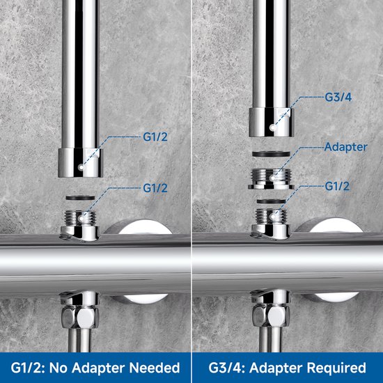 Twee afbeeldingen tonen hoe de aansluitingen van de thermostaatkraan passen met G1/2 of G3/4, met de tekst 'No Adapter Needed' en 'Adapter Required'.