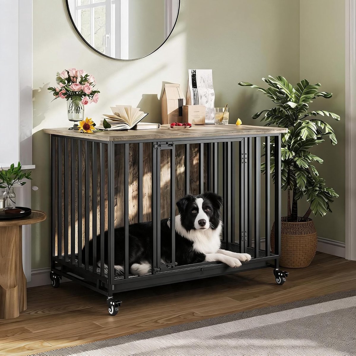 Hondenbench van 39 inch – Stevige houten hondenbench voor grote honden – met uitneembare bak – Stevige hondenbench met vergrendelbare wielen en deur – 98×74×65 cm – Grijs