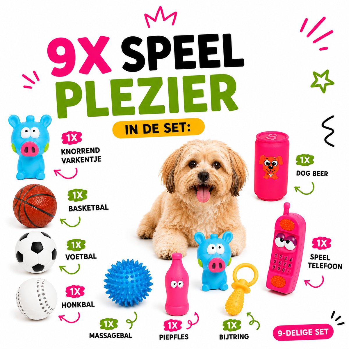 Hondenspeelgoed Set – Bark Buddies – 9-delig – Puppy Speelgoed – Kauw- en Piepspeeltjes thumbnail 5