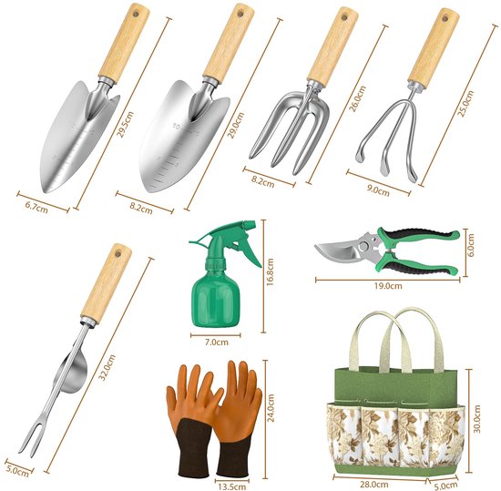 NAVOBIZ 9-delige tuingereedschap set - Tuinhandgereedschap - Tuinonderhoud - Roestvrijstaal - Met snoeischaar - Opbergtas - Zilver — afbeelding 3
