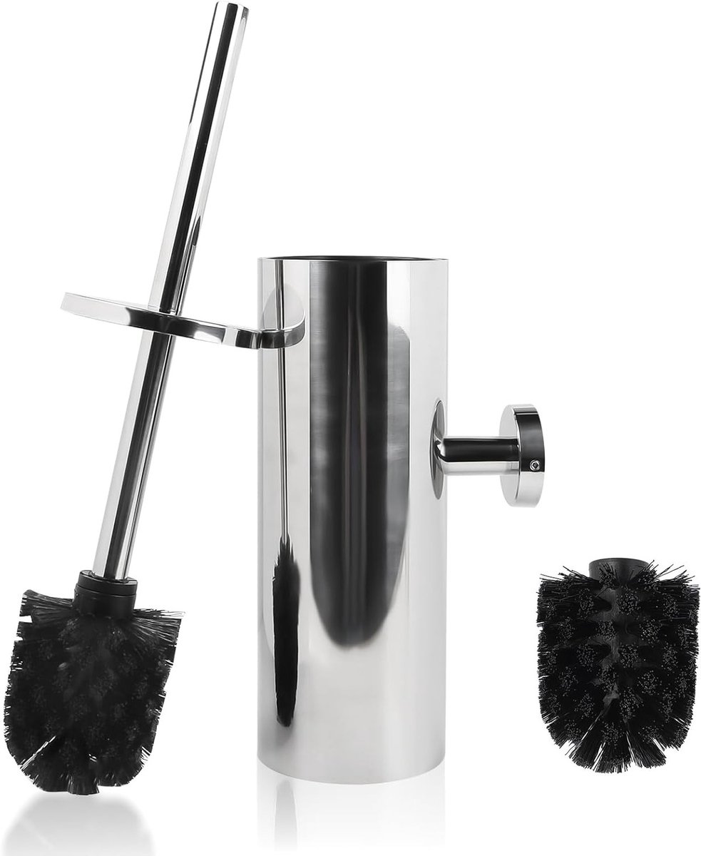 Roestvrijstalen Toiletborstel met Reserveborstel en Wateropvangbak - Wandmontage, Badkameraccessoires en Toiletset voor Optimale Hygiëne