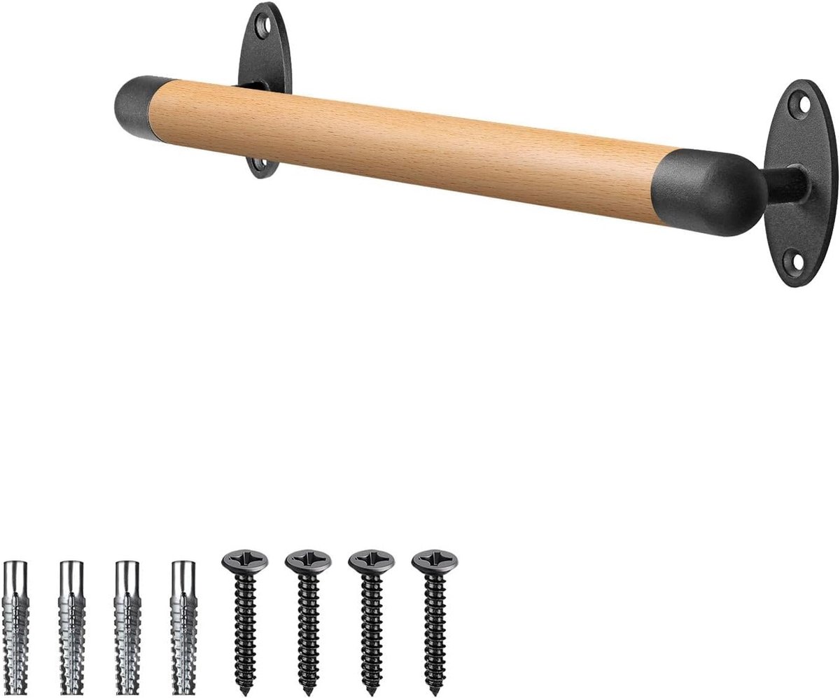 16" Houten Handrail voor Binnen en Buiten, Stevige Wandleuning met Metalen Steunen voor Garage, Badkamer en Trappen