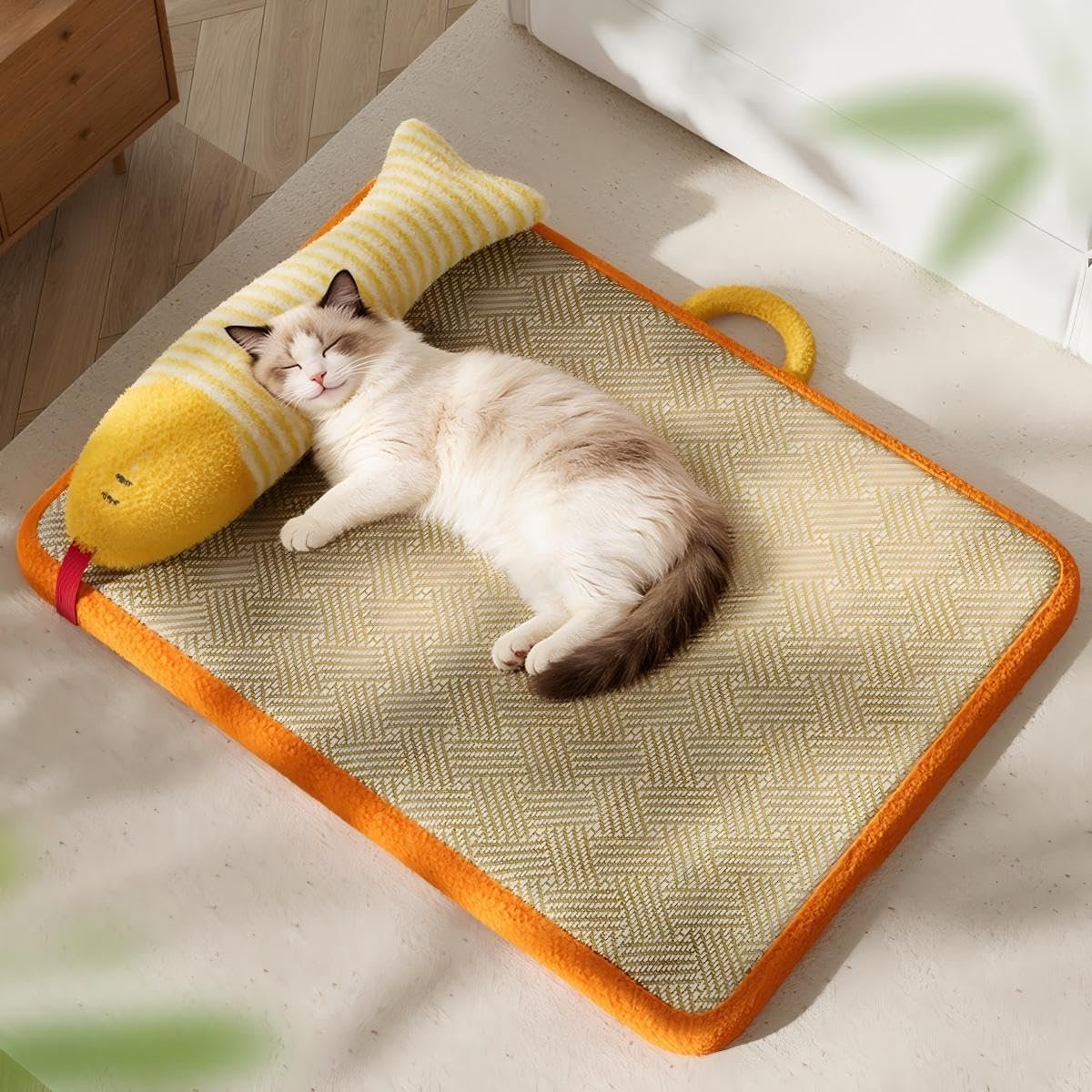 LISM-Koelmat Geschikt voor katten met afneembaar visvormig kussen, ademend zomerbed Geschikt voor katten en kleine honden, dubbellaags, zeer elastisch spons slaapmatje Geschikt voor katten (75x55 cm)