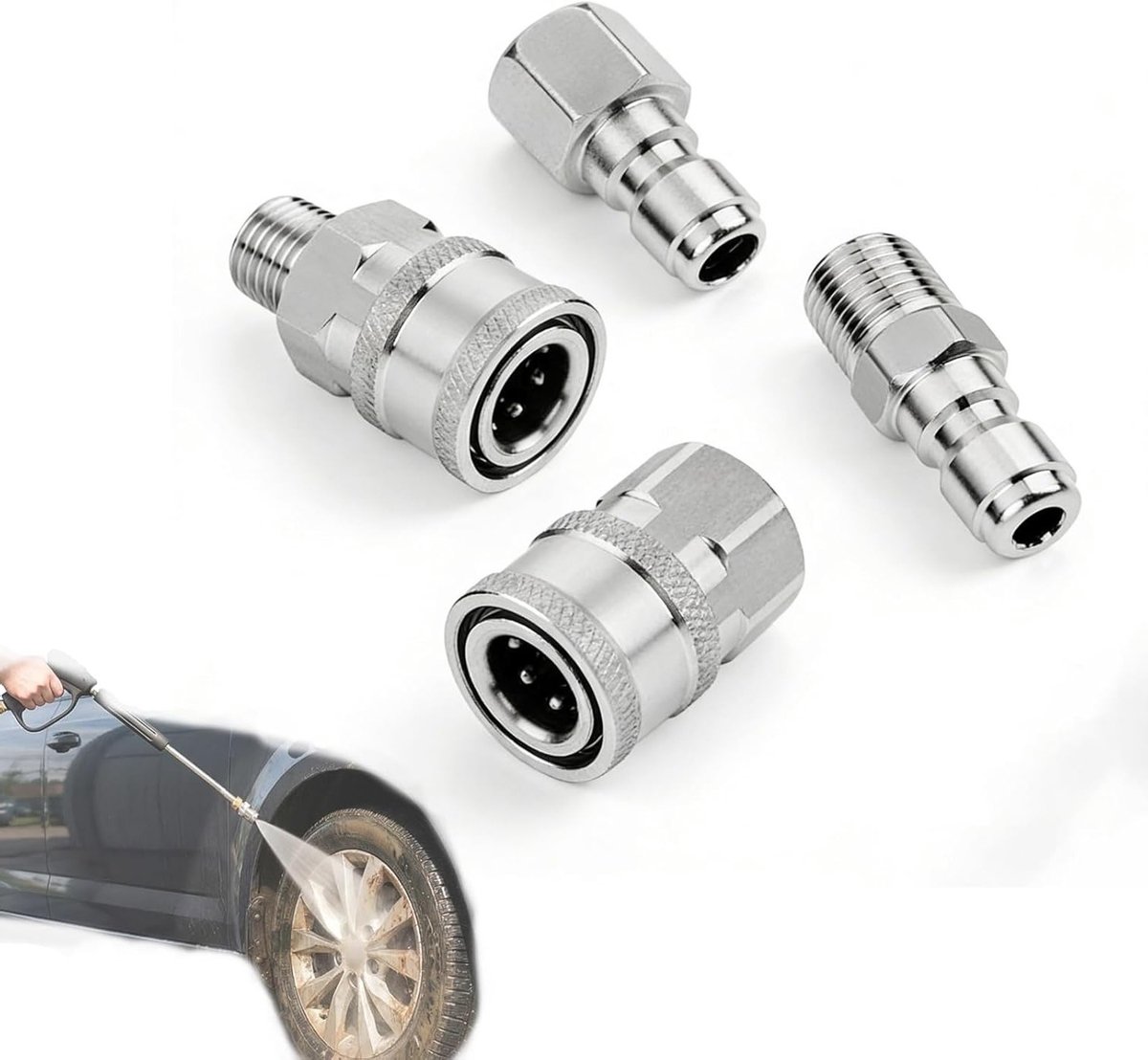 Snelkoppelingen Set - Hogedruk Koppelingen - Oppervlakken Reinigen - Roestvrij Staal - 4 Stuks - Zilver
