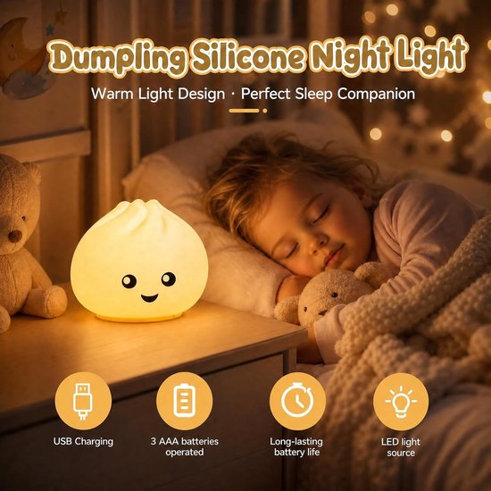 Dumpling Squishy Nachtlampje - Siliconen - Dimbaar Warm Licht - Draadloos - Voor Kinderen — afbeelding 5