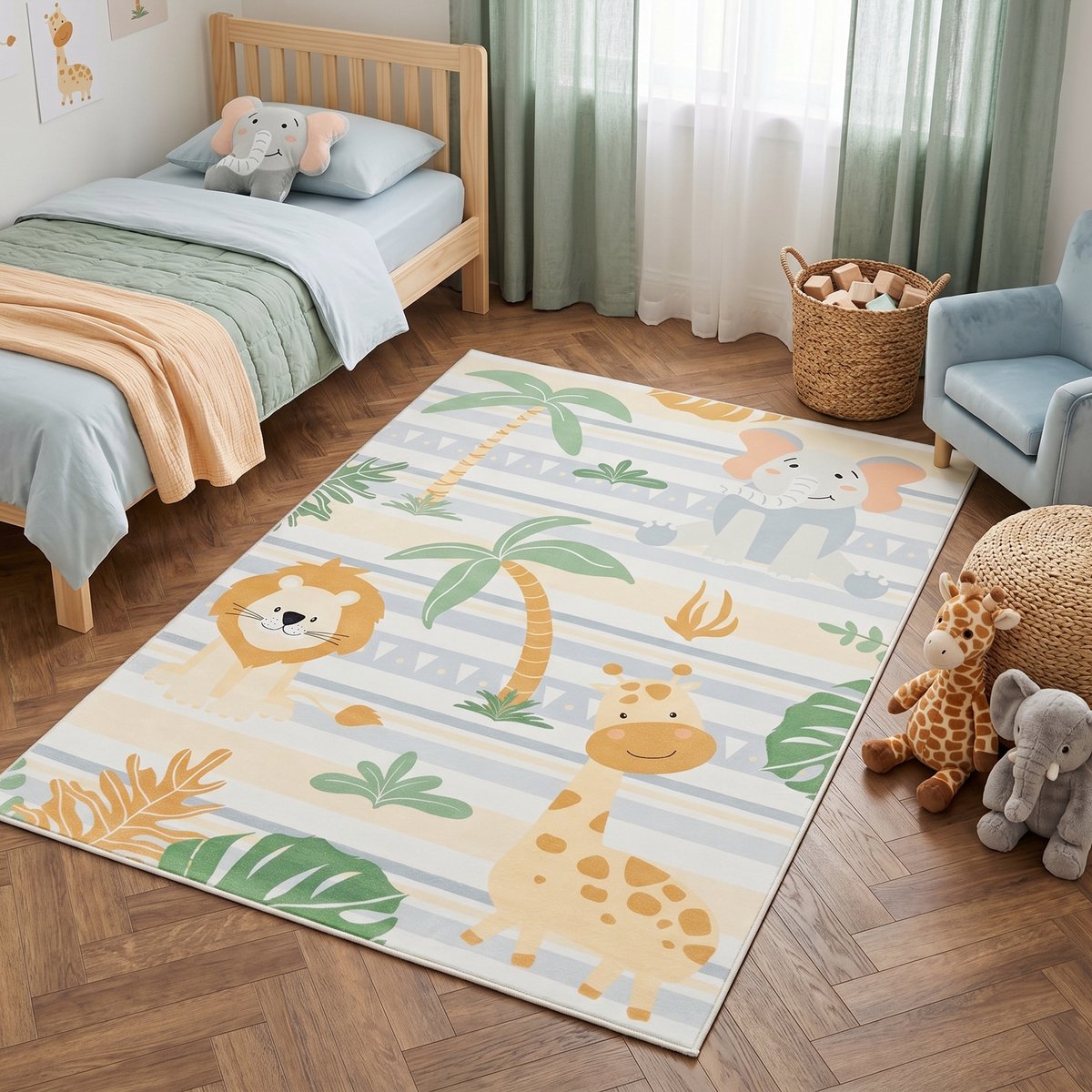 Tapiso Kids Kindervloerkleed Safari Jungle Dieren – Leeuw Giraf Olifant Zacht Beige Groen Crème – Antislip Wasbaar 80x150