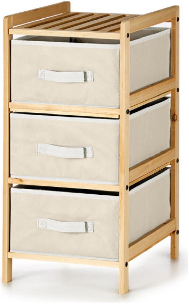 Kipit Opbergkast Bamboe - 3 mandjes - wit - 36 x 34 x 66 cm - hout/stof - opbergen