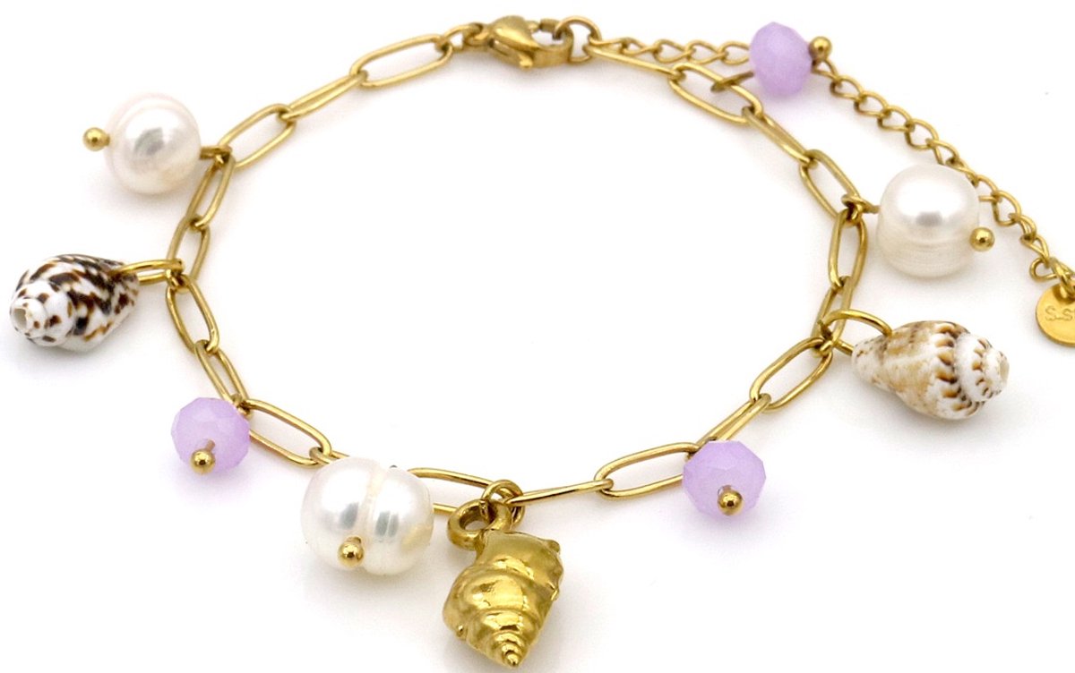 Armband - RVS - schelpen - goudkleurig - verstelbaar 16-21 cm