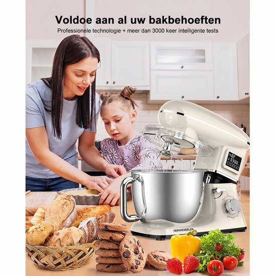 SHANNA Digitale Keukenmachine - 1600W Zuiver Koper - Standmixer - Bakmachine - 6,2L RVS Mengkom - Met LCD Timer, Deeghaak, Garde en Complete Bakaccessoires - Crèmewit — afbeelding 3