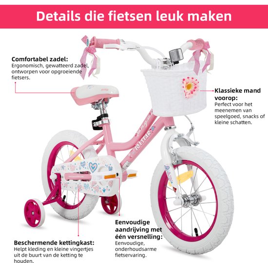 Roze kinderfiets met detailaanduidingen van het zadel, stuur, mandje en kettingkast.
