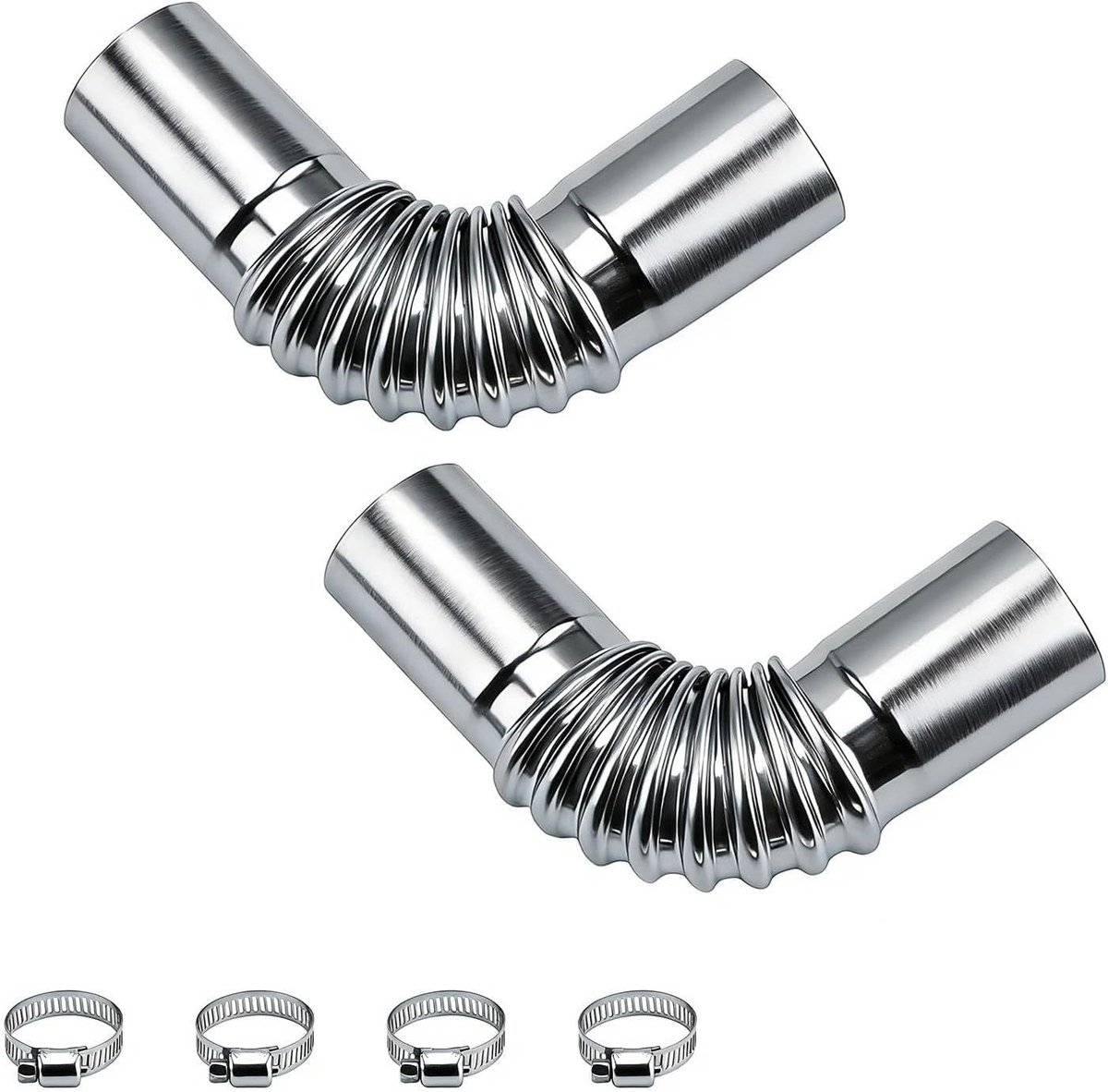 Set van 2 RVS Uitlaatpijpen met Hoekverbinder en 4 Klemmen voor Vloerverwarming en Standkachels, Uitlaatpijp en Tube Connector, Inclusief Reparatieset