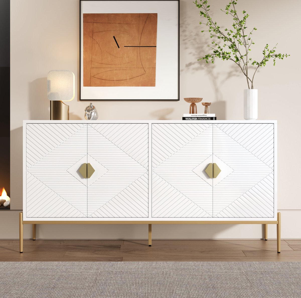 MEUNIQ Dressoir 162 x 40 x 80 cm wit met 4 deuren, geometrisch sideboard met gouden handgrepen en metalen poten voor woonkamer, eetkamer of hal