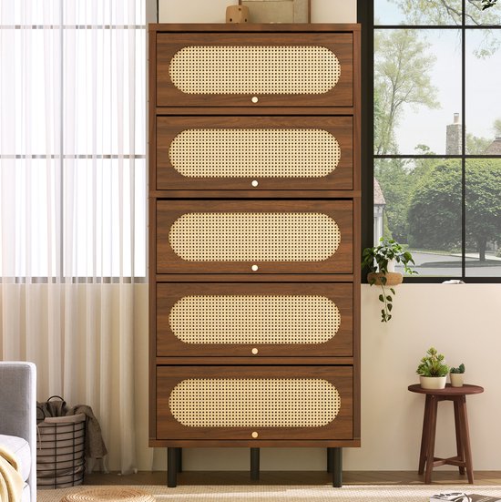 MEUNIQ dressoir kast 80 x 40 x 163 cm met 5 kleppen, opbergkast in walnootkleur met rattanlook en metalen poten, hoge kast voor woonkamer, hal, keuken of werkkamer