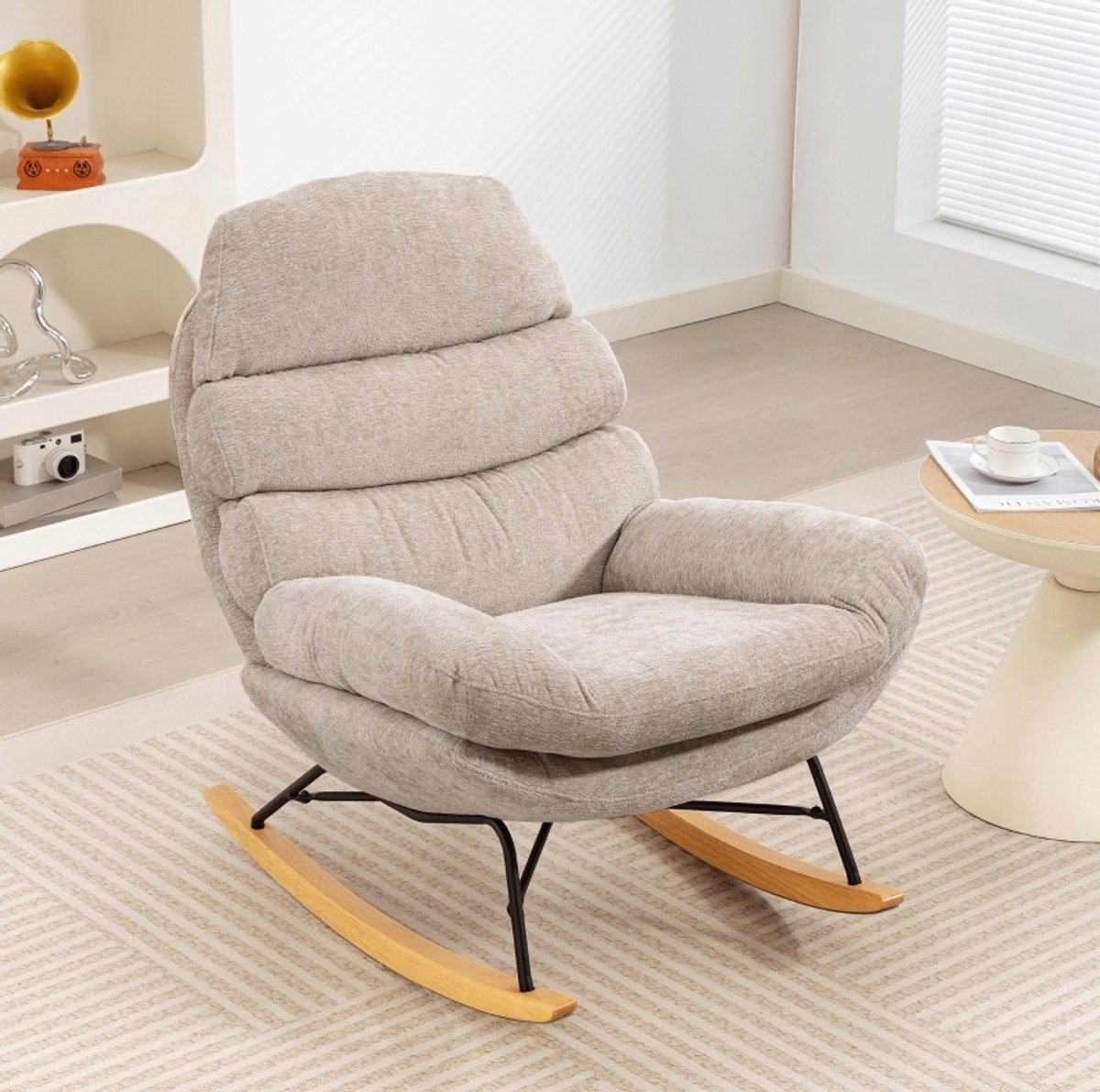 OKWISH Schommelstoel Fauteuil 80 x 103 x 91 cm - Zachte Dubbele Vulling Met Armleuningen - Voor Leeshoek Of Woonkamer - Stof Metaal Hout - Crèmewit Cream White
