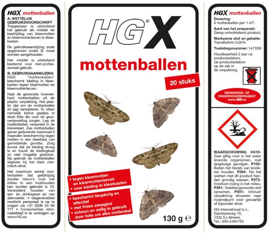 Verpakking met 20 HGX mottenballen en afbeeldingen van motten.