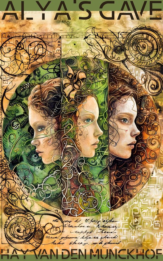 Alya's Gave - Boekcover met drie profielen van een vrouw in een cirkel met groene en bruine patronen. Titel: Alya's Gave.