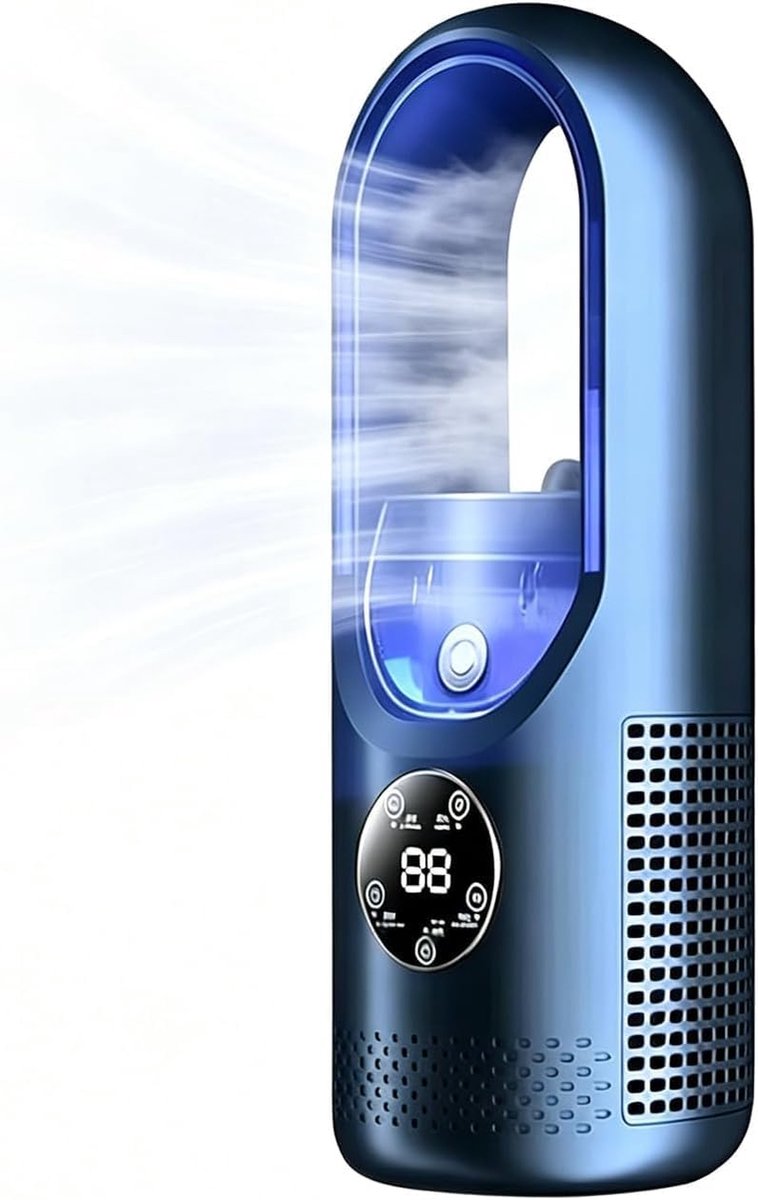 Compacte blauwe bladloze luchtcirculatieventilator afmeting 305×124 mm, verbeterde borstelloze motor, draagbare stille koelventilator voor op het bureau, uitgerust met digitaal display, geschikt voor slaapkamers, kantoren en studentenkamers