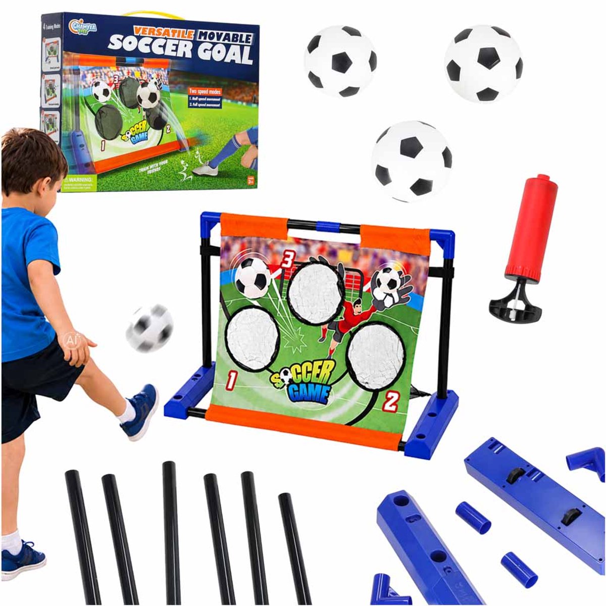 Playos® - Bewegende Voetbaltrainer - Voetbaldoel met Gatendoek - Inclusief 3 Ballen - Binnen en Buitenspeelgoed - Voetbaltrainer - Voetbal Training - Bewegend Doel - Speelgoed