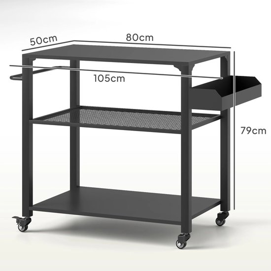 Joorly Buitenkeuken - BBQ Standaard - BBQ Wagen - Grillwagen - Tafel op wielen - Metaal - Multifunctioneel - 105x50x79cm - Zwart — afbeelding 4