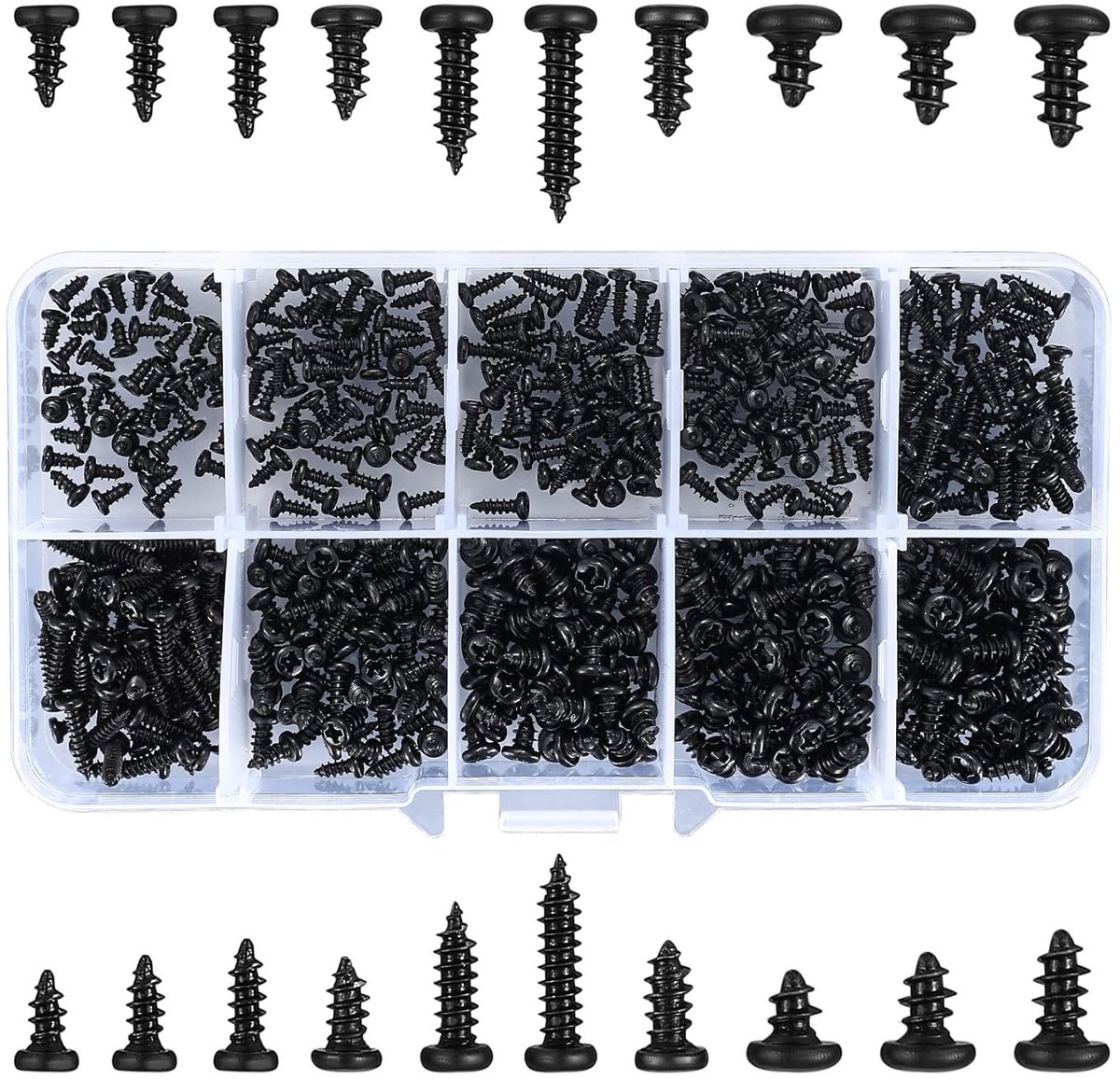 500 Stuks Zelftappende Schroeven met Kruiskop - Carbon Staal Zwart Ronde Hoofd Houtschroeven voor Plastic, Hout en Zacht Metaal M2 M2.3 M2.6 M3