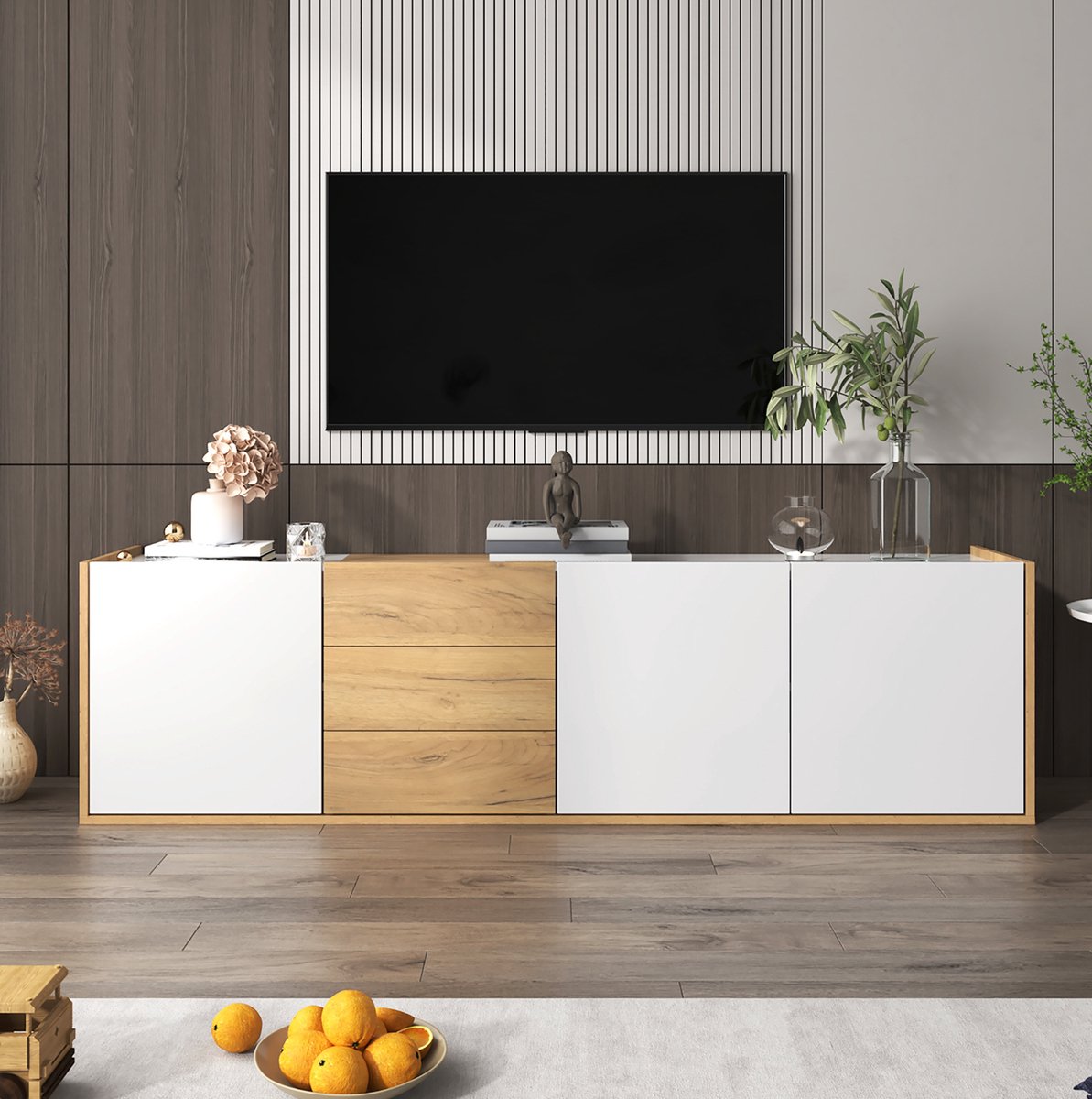 MEUNIQ TV-meubel 171,5 x 35 x 47 cm met 3 deuren en 3 lades, verstelbare planken, wandmontage of staand gebruik, woonkamer, wit en houtkleur
