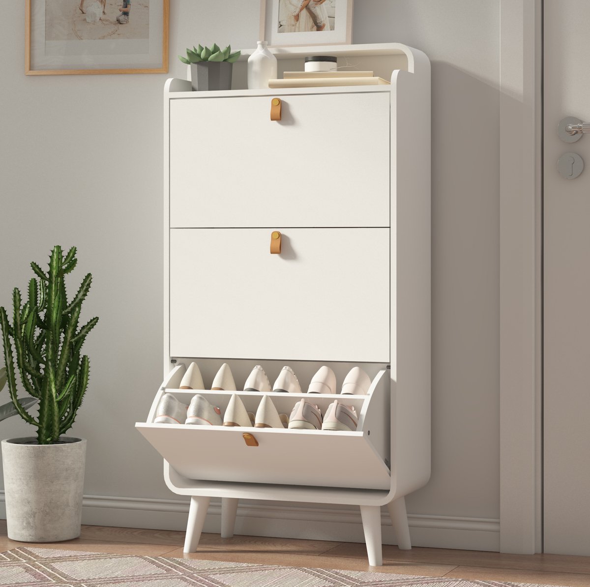 MEUNIQ schoenenkast 63 x 29,5 x 133,7 cm met 3 klepdeuren, smalle staande schoenenopberger voor hal en entree, bovenblad en uitneembare verdelers, wit