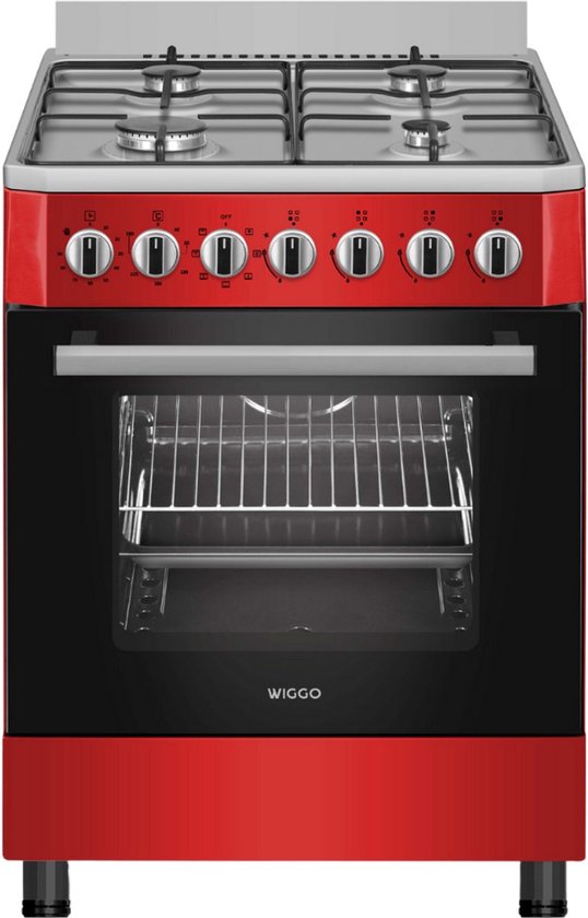 Wiggo WO-E605R(RX) – Vrijstaand Gasfornuis – 60 cm – 4 Gaspitten – Oven 66L – Energieklasse B – 5 Jaar Garantie – Rood Rvs