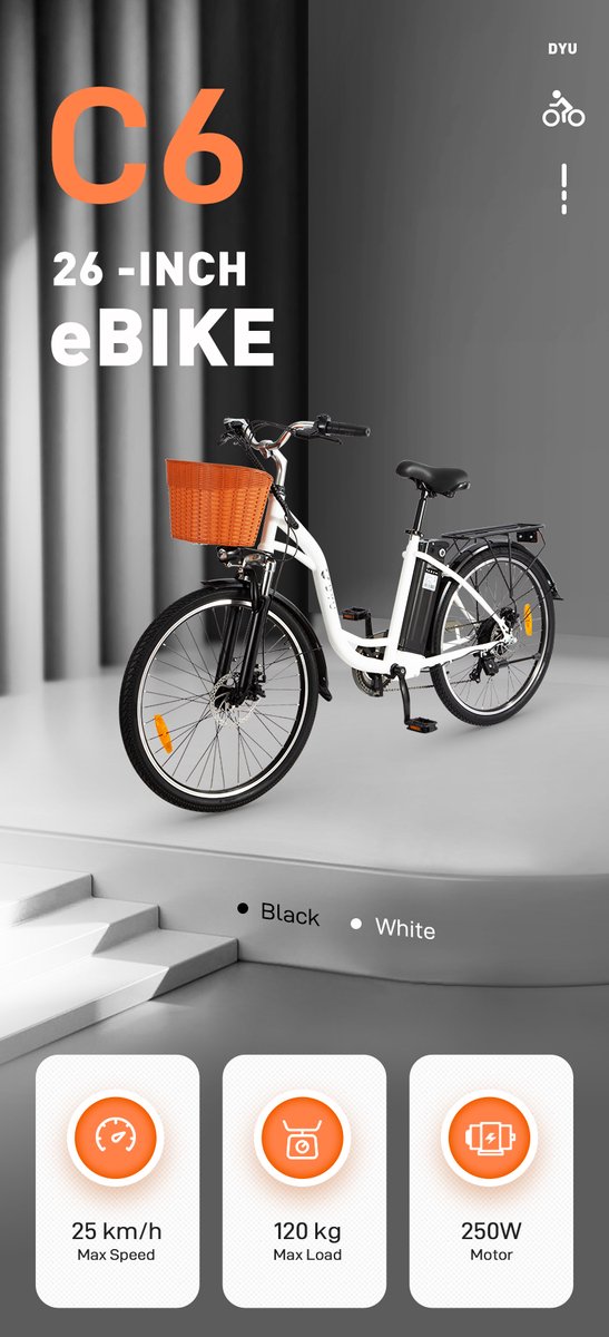 DYU C6 E-Bike - 26 inch - 43km actieradius - zwart thumbnail 3