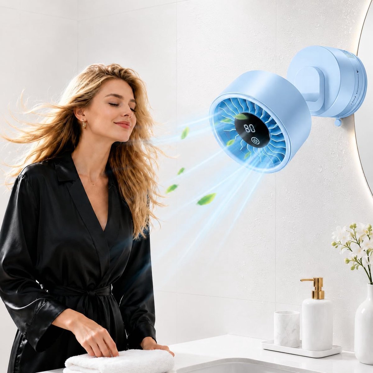 Slaapkamer - Bureauventilator - USB oplaadbaar - Wandventilator - Met zuignapvoet - Digitaal display - 6 windsnelheden - Stille werking - Zwenkventilator - Verstelbare kantelhoek - Geschikt voor kantoor/camper/keuken/badkamer - Blauw- 1 stuk