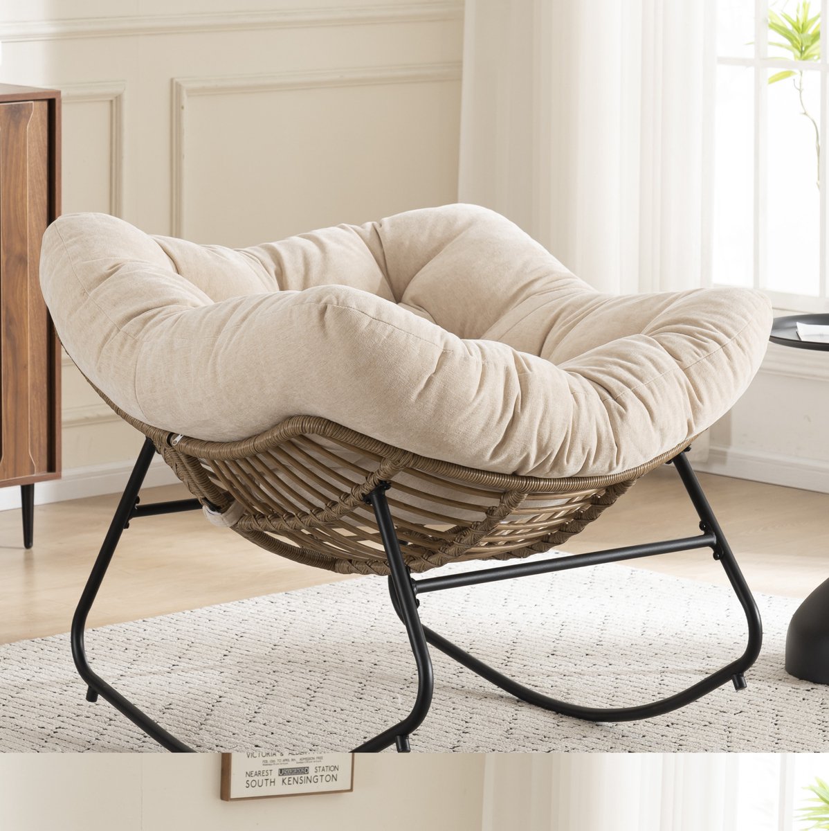 MIVRAY Schommelstoel 95 x 107 x 83 cm - Ergonomische Relaxstoel Met Chenille Kussen - Voor Woonkamer En Slaapkamer - Beige