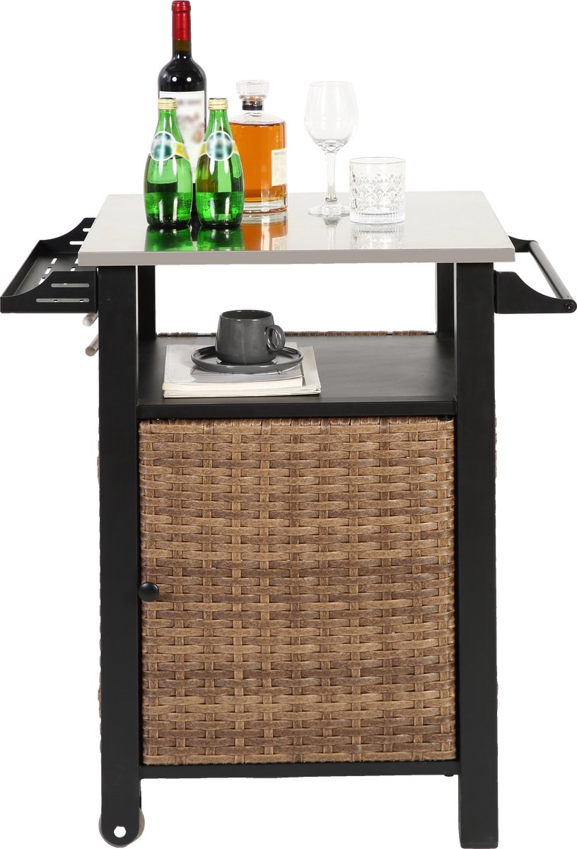 COVREO bar cart 76 x 57 x 85 cm - bruin, met roestvrijstalen blad, wielen en opbergruimte