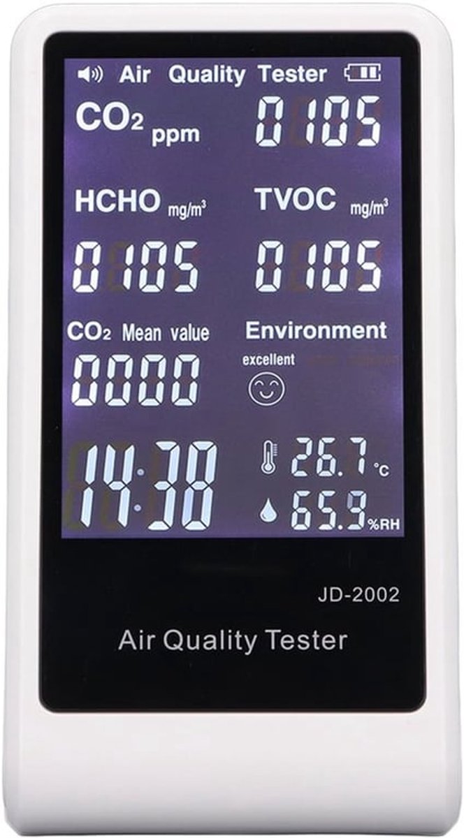 Luchtkwaliteitsmonitor, 7 in 1 Digitale Weergave Draagbare CO2 Monitor Oplaadbaar, Automatische Alarm CO2 TVOC HCHO Temperatuur Vochtigheid Detector voor Thuis Kantoor School