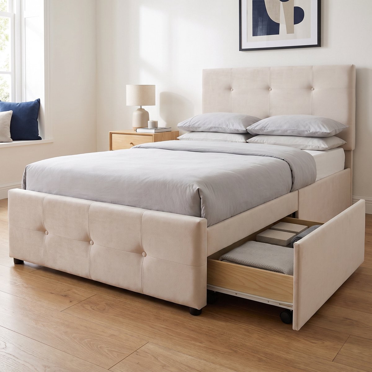Gestoffeerd Eenpersoonsbed 90x200 cm - Opbergbed met 2 lades en lattenbodem - Kinderbed - Fluwelen bed - Wit