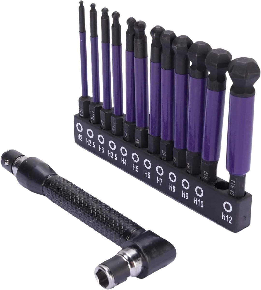 12-delige Set van Ball End Hex Head Inbussleutels en Boorbits met 1/4 Inch Hex Shank, S2 Legering Staal en L-vormige Hoekinbussleutel voor Precisiewerk en Onderhoud