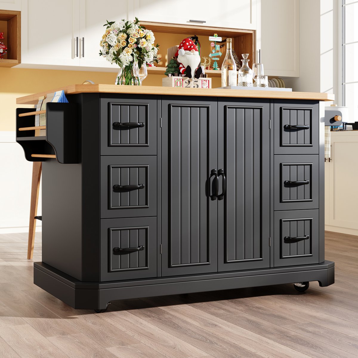 COVREO Keukeneiland op wielen 120 x 45 x 91 cm - 2 deuren, 6 lades, zwart