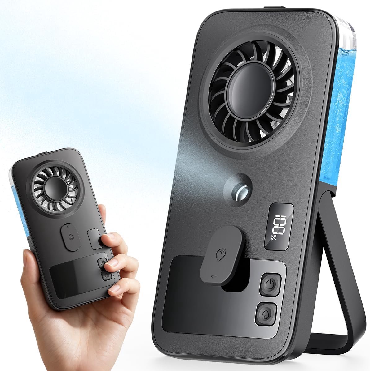 Ulisem - Mini sprayventilator - Opvouwbare handventilator met vernevelingsfunctie - 4 windsnelheden voor persoonlijke koeling - USB-C oplaadbaar met 2-7 uur batterijduur - LED display voor batterij en stand - Handheld en tafel gebruik - Zwart