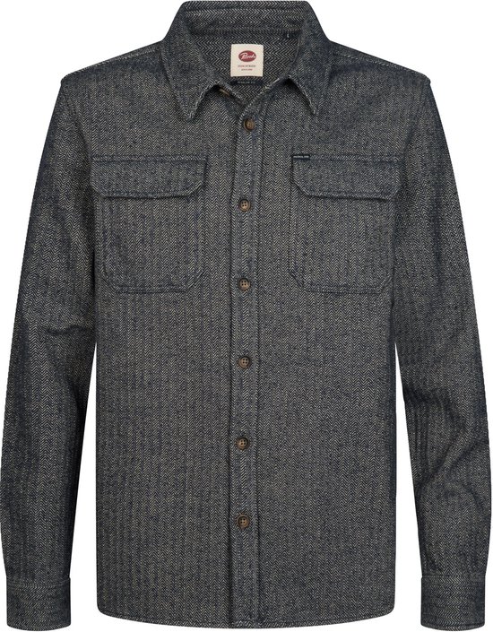 Blauw katoenen herenshirt met visgraatpatroon, twee borstzakken, lange mouwen en bruine knopen.