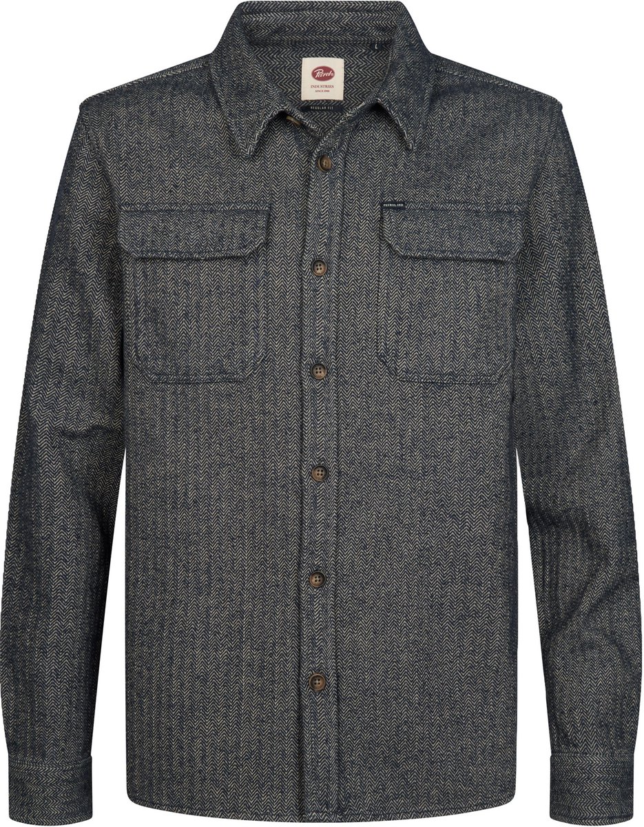 Petrol Industries - Heren Katoenen overshirt in visgraatpatroon steelline - Blauw - Maat XXXL