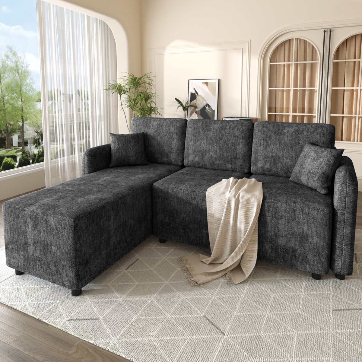 Wishdor - Hoekbank - 3-zits met L-vormige loungehoek en 2 kussens - tijdloos - voor woonkamer en studio - chenille en massief houten frame - zwart - 187,5 x 144 x 85,5 cm